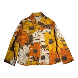Vtg 1990s Chico's Yellow Orange Textured Cotton Sunflower Print Shirt Jacket 1 S
